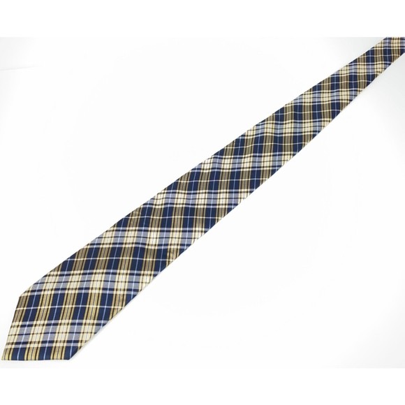 CHAPS Tie Navy & Light Blue Yellow Plaid Striped 100% Silk Hand Made Necktie 58" - Picture 7 of 12